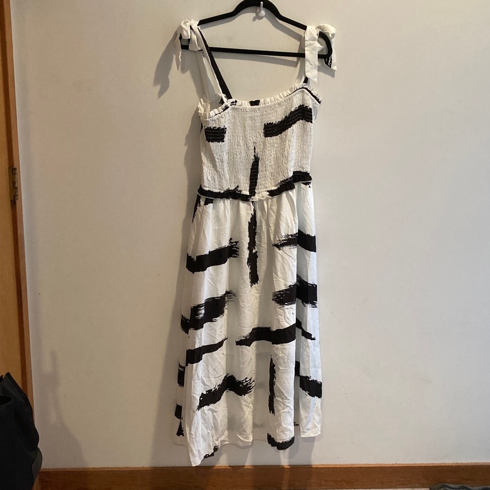 Smocked White/ black Maxi Dress with Black Brushstroke Detail